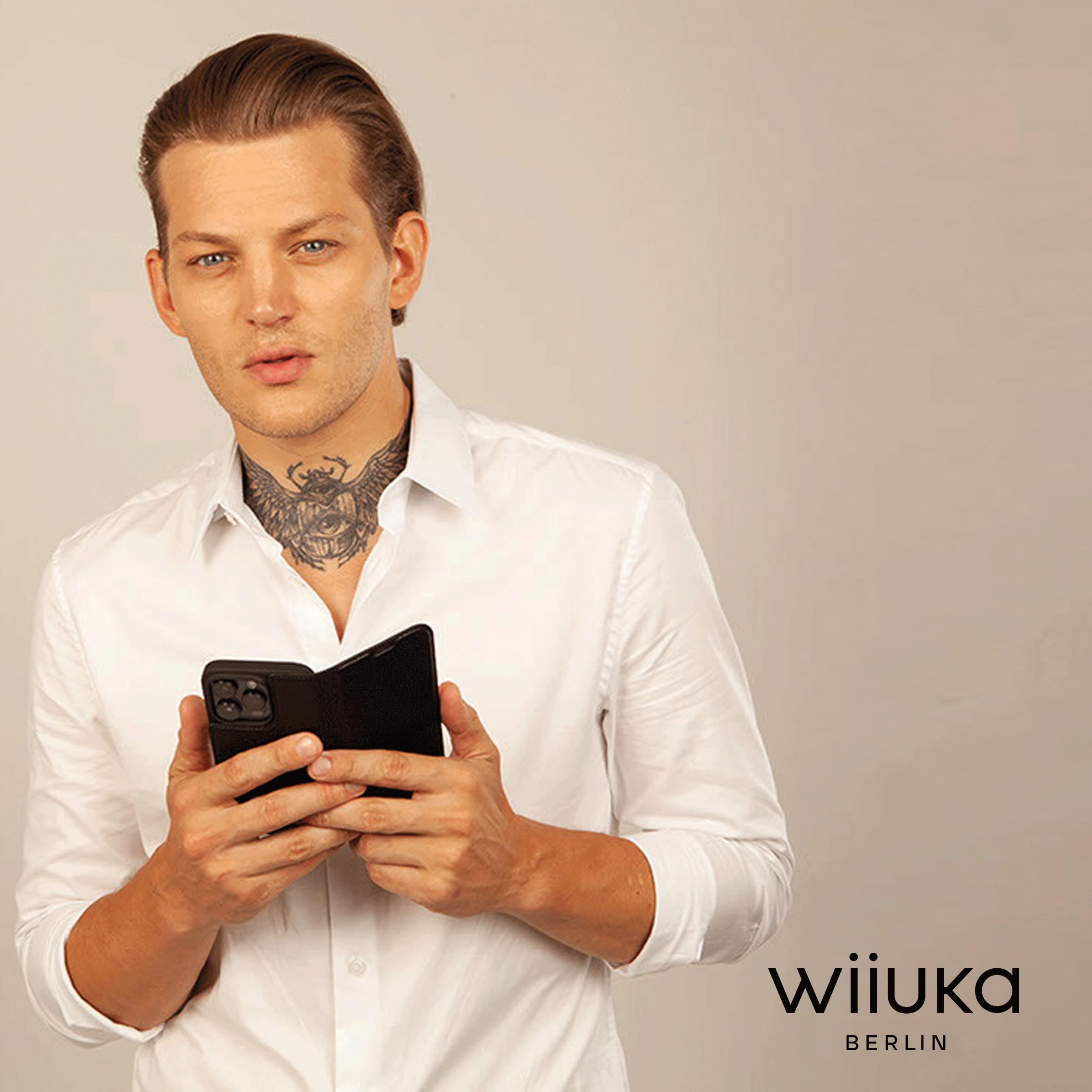 WIIUKA Hülle für iPhone 16 Pro Max, Leder aus Deutschland, mit Kartenfach, extra Dünn, Handyhülle mit Standfunktion, Tasche Vintage Schwarz