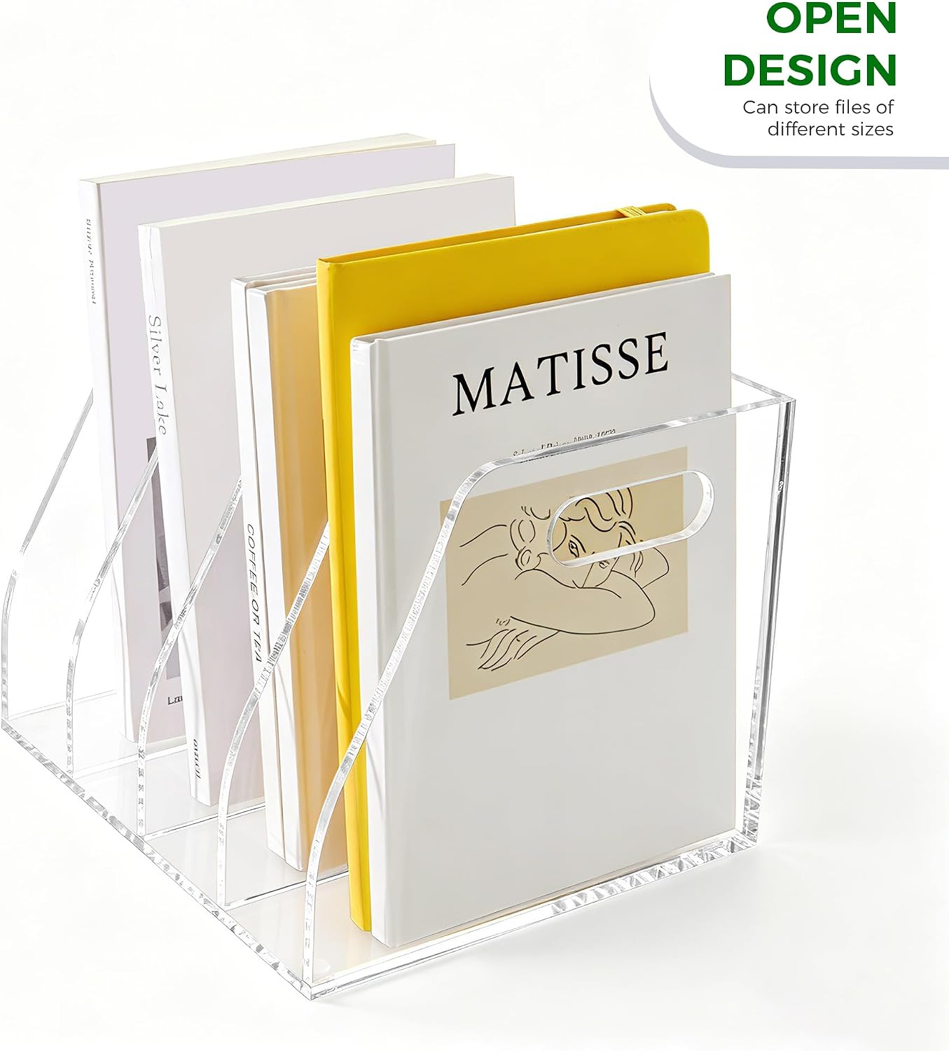 Acrylic File Folder Holder for Desk with Handles, 4-Slot Clear Desk Organizers and Accessories, Vertical Magazine File Sorter & Binder Holder, Desktop Book Organizer for Office, School & Home