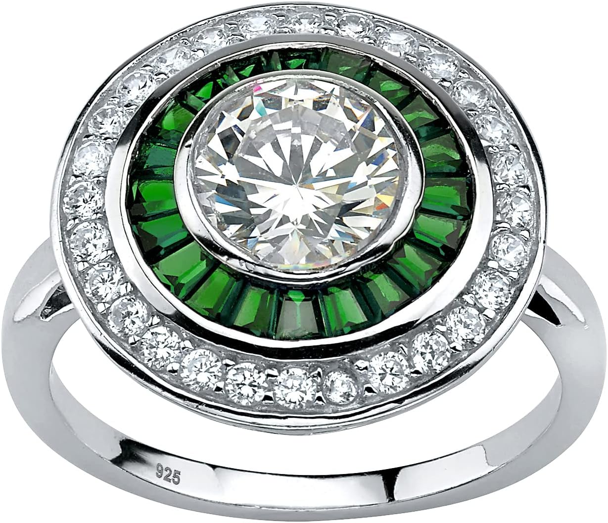 Platinum over Sterling Silver Round Cubic Zirconia and Baguette Green Simulated Emerald Halo Ring