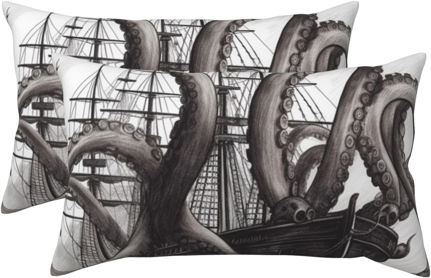 2 Pack King Size Pillow Cases with Envelope Closure Black and White Octopus and Ship Pillow Cover 20x36 Inches Soft Breathable Pillowcase for Hair and Skin, Sleeping Gift