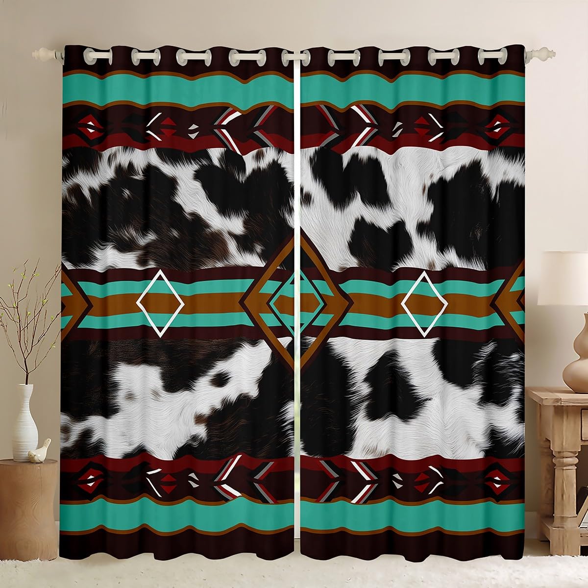 Loussiesd Cowhide Curtains for Bedroom Living Room Cow Fur Print Blackout Darkening Drapes Farmhouse Window Treatments, 2 Panels W66*L90 Western Farm Animal Skin Room Decor Green Black White โ image 1