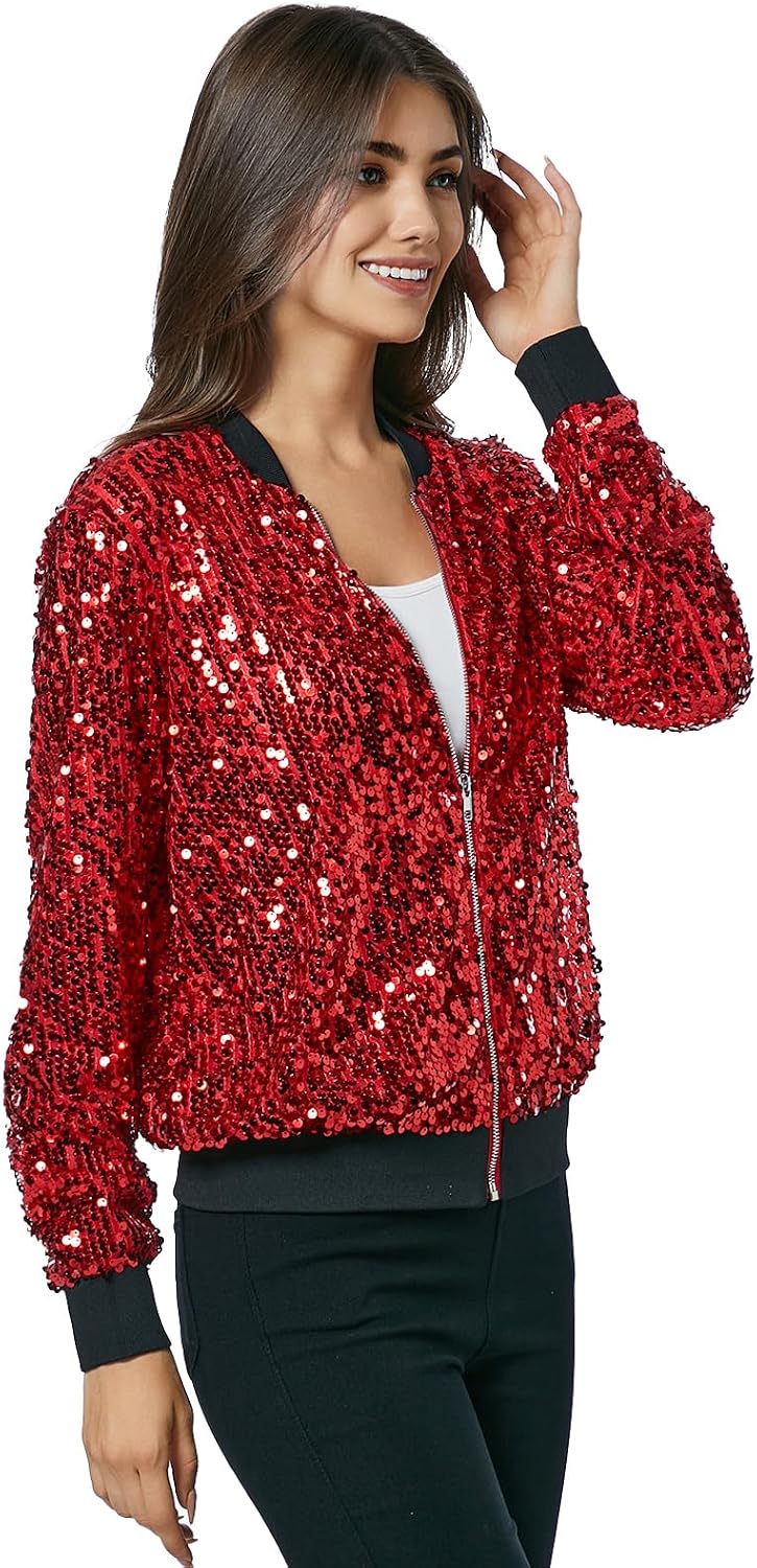 Womens Long Sleeve Sequin Open Front Zipper Jacket with Ribbed Cuffs image 4
