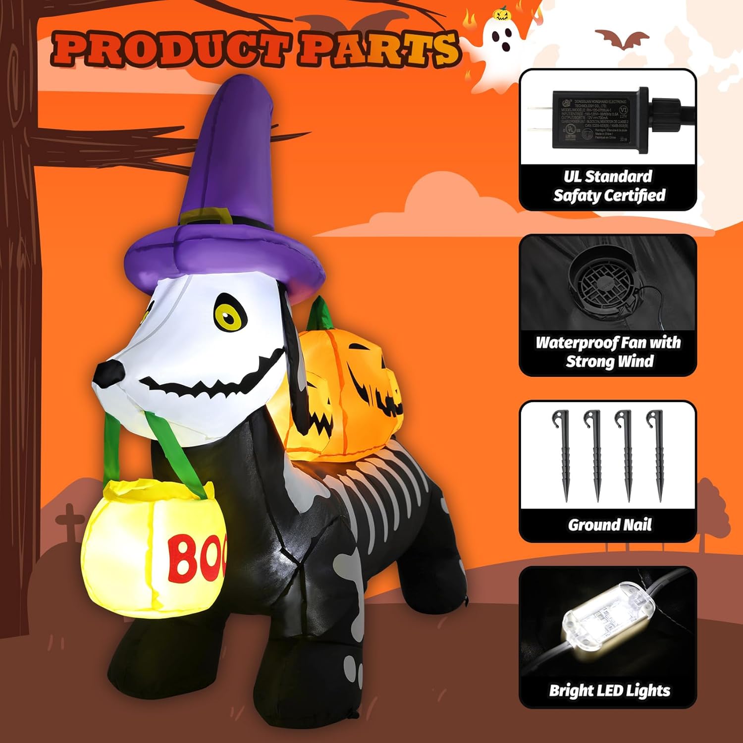 TCFUNDY 5 FT Halloween Inflatables Skeleton Dog with Pumpkin Outdoor Yard Decorations Blow Up Dachshund Dog with Built-in LEDs for Indoor Party Garden Lawn Decor
