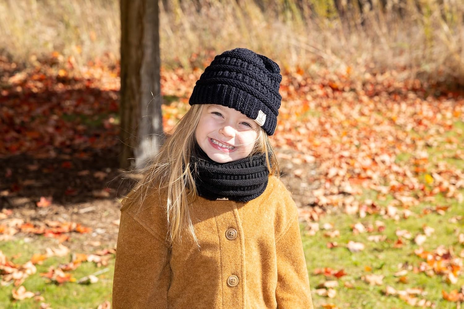 Funky Junque Kids Winter Fleece Lined Neck Warmer Ribbed Knit Pom Pom Winter Beanie Bundle Cold Weather Gaiter Toddler