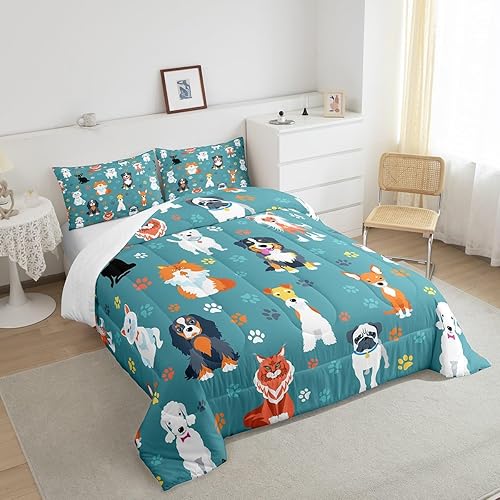 Miniatura 4 de Juego de edredón lindo de perro y gato, tamaño matrimonial, juego de ropa de cama colorido con estampado de patas de cachorro, 3 piezas para niños y