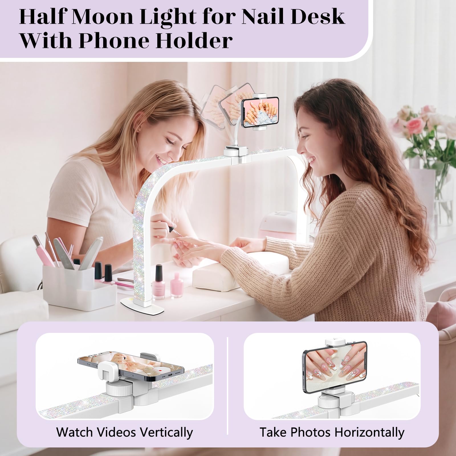 LIONVISON Halbmond Lampe 29 Zoll LED 3 Farbmodi Weiß Kristall Stil | LED Halbmondlampe mit blendarmem Licht - geeignet für Nageldesign Kosmetik und Detailarbeiten