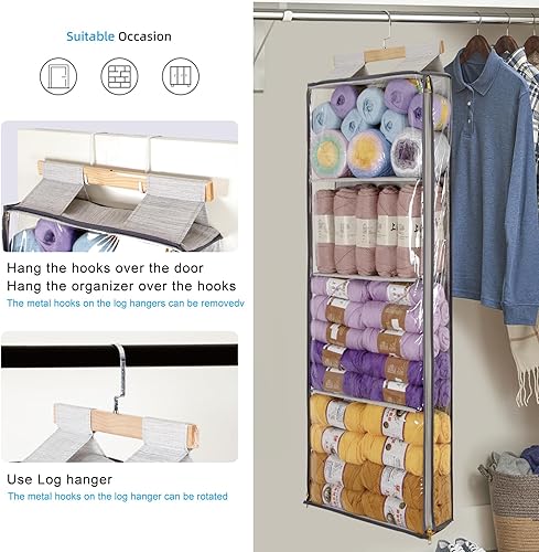 Miniatura 3 de Almacenamiento de hilo colgante con 4 bolsillos grandes, organizador de tejido transparente con cremalleras para los amantes del ganchillo, soporte