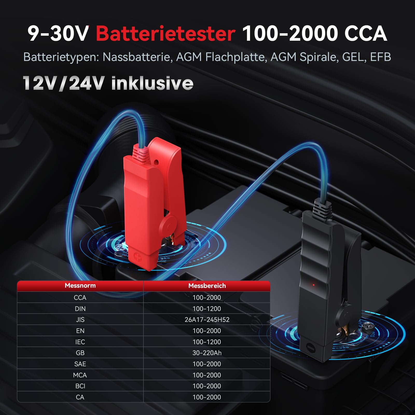 iCarsoft BT900 Autobatterietester, 12V/24V Batterie Lasttester für CCA, AGM, Gel, EFB, BT-Verbindung, mit Batterietest/Anlassertest/Ladungstest für Auto, Motorrad, ATV, SUV, Boot, Yacht