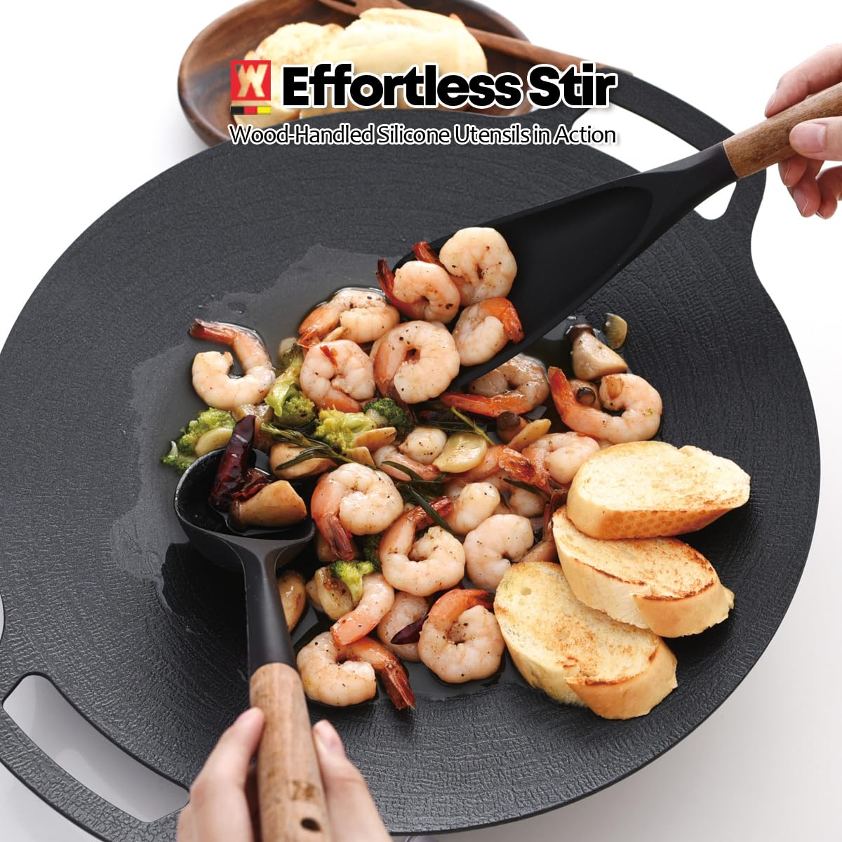 WAGENSTEIGER Juego de 2 utensilios de cocina de silicona: cucharón con mango de madera + cuchara de servir y cocinar de cabeza larga, utensilios de cocina resistentes al calor, sin BPA, diseño de