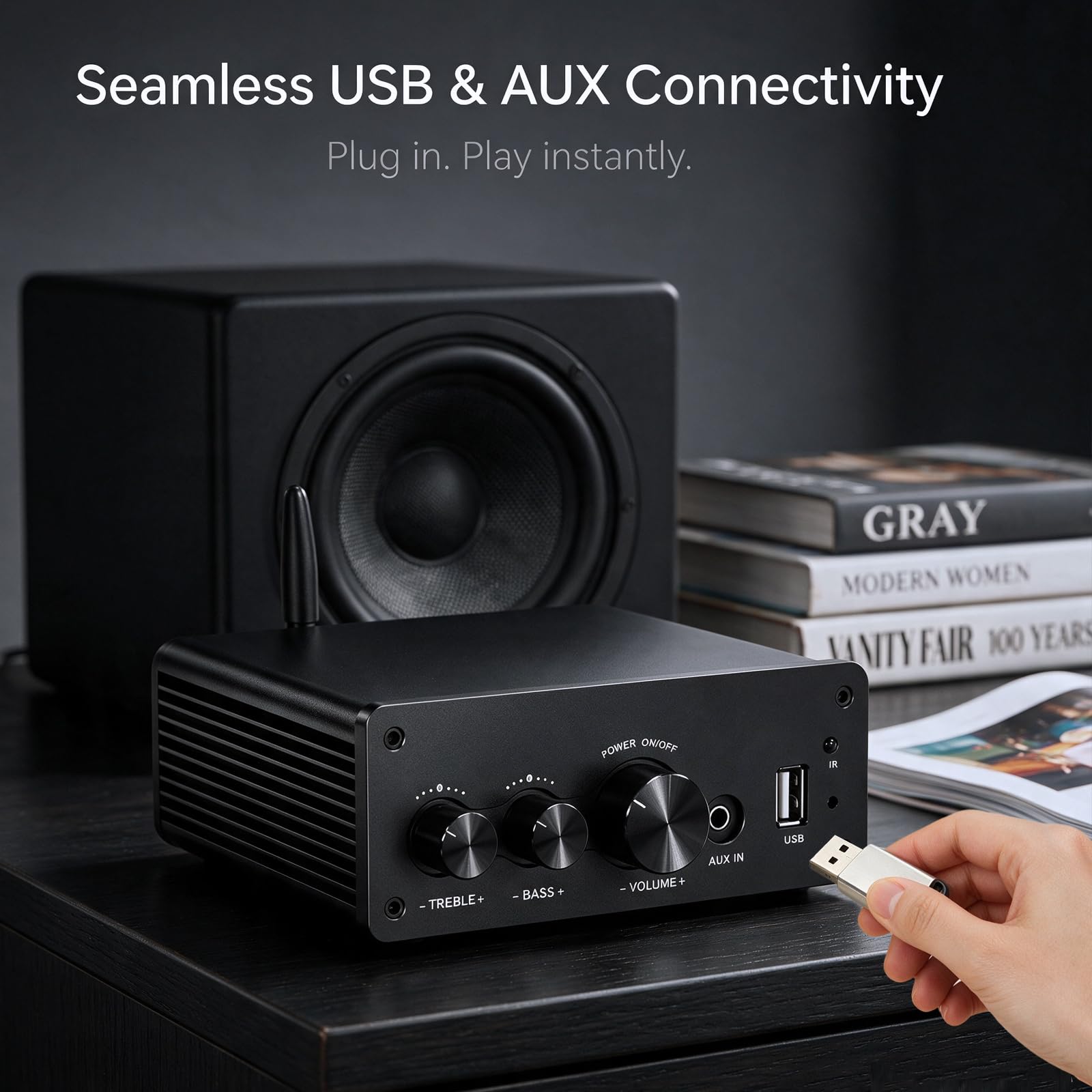 Mini Amplificatore Bluetooth HiFi con Telecomando, Amplificatore Stereo, Ingresso AUX, Uscita Audio L/R 2 Canali, 100W X2 per Diffusori by Passi Casa Audio