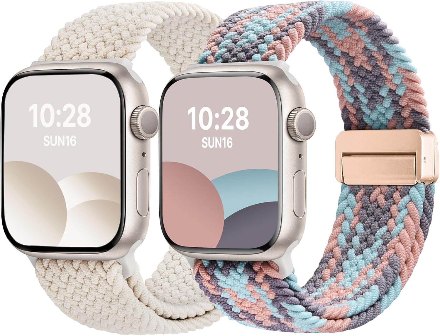 Fullmosa 2 Pack Magnetic Braided Bands Compatible Apple Watch Strap 38mm 40mm 41mm 42mm(S10/11),Soft Nylon Elastic Loop Band for iWatch SE3/2/1 Series 11 10 9 8 7 6 5 4 3 2 1,Starlight/GrayPinkBlue-image-26