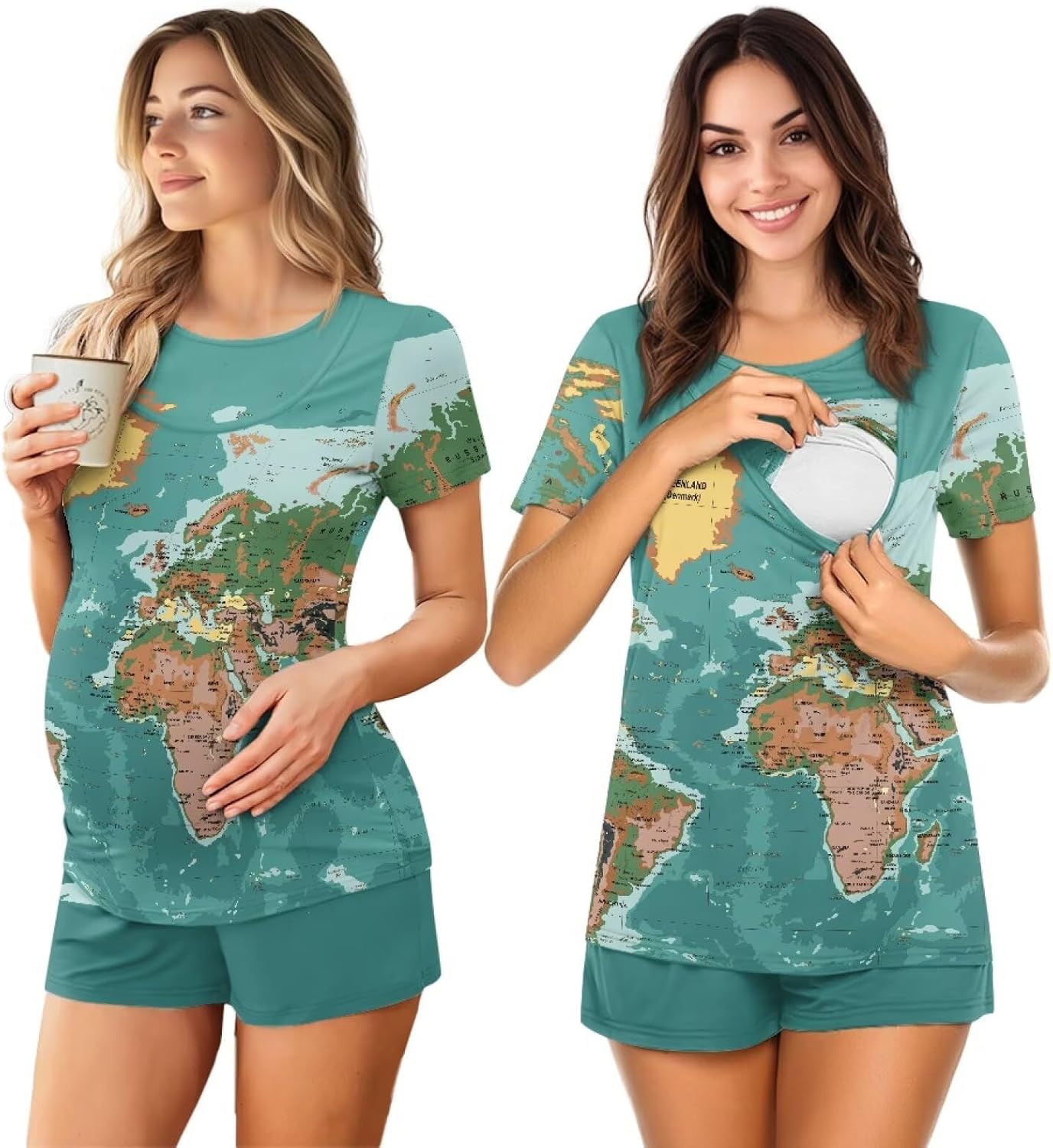 Women's Maternity Nursing Pajamas Set Double Layer Top Pregnancy Shorts Elastic Waist Sleepwear for Breastfeeding