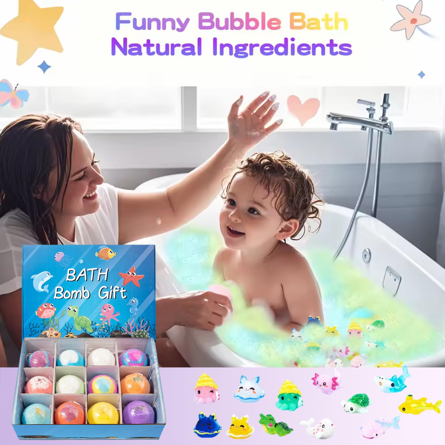 Juego de 12 bombas de baño con juguetes en el interior, bombas de baño de 2 pulgadas con lindos juguetes de animales, suministros de de burbujas coloridas y gaseosas seguras para niños, opc