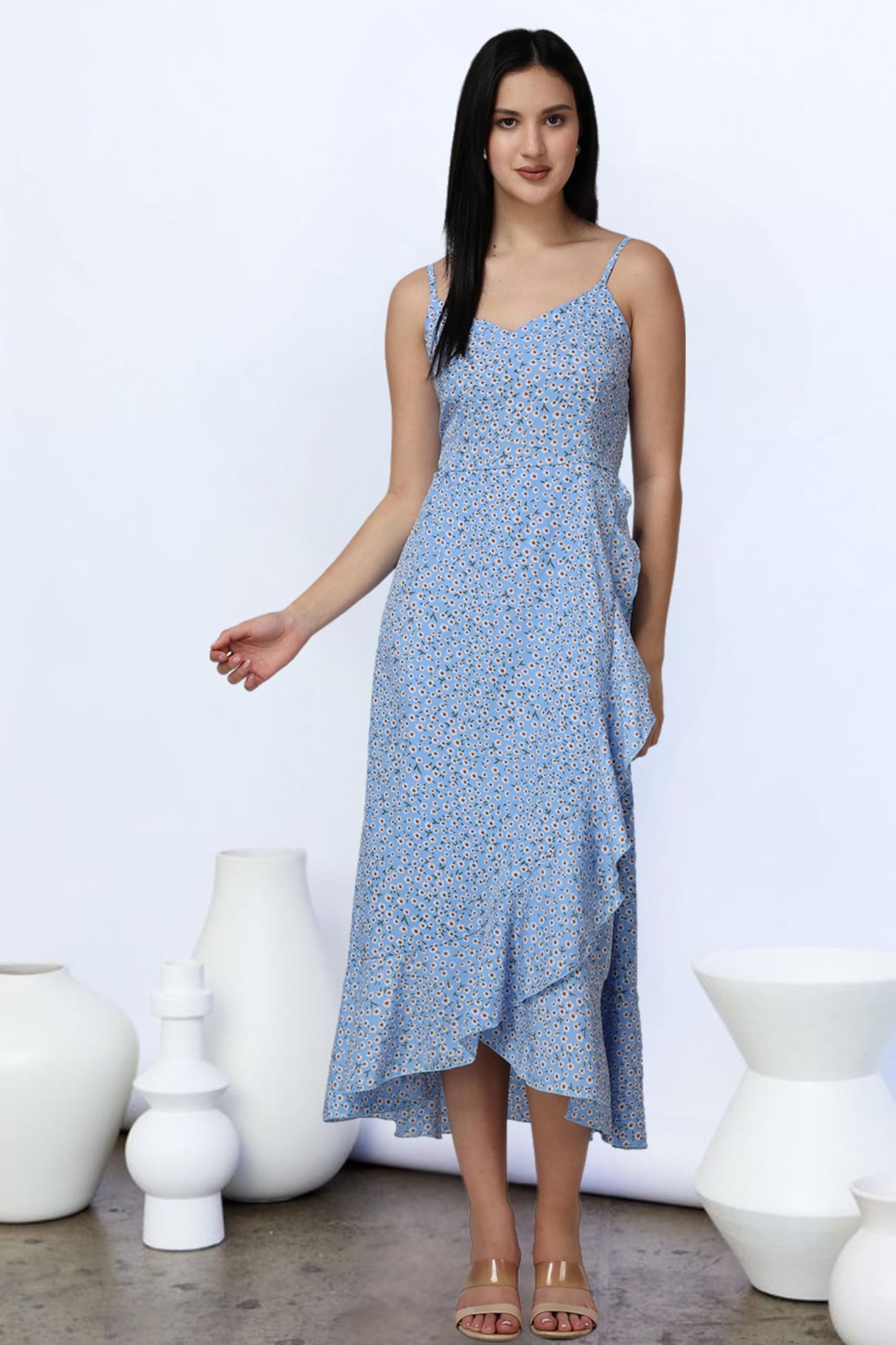 Popwings Casual Floral Printed Midi Frill Strap Dress For Women || Sleeveless Midi-Length Women Dress || V-Neck Maxi Dress For Women || Latest Stylish Western Summer Women Dress Blue