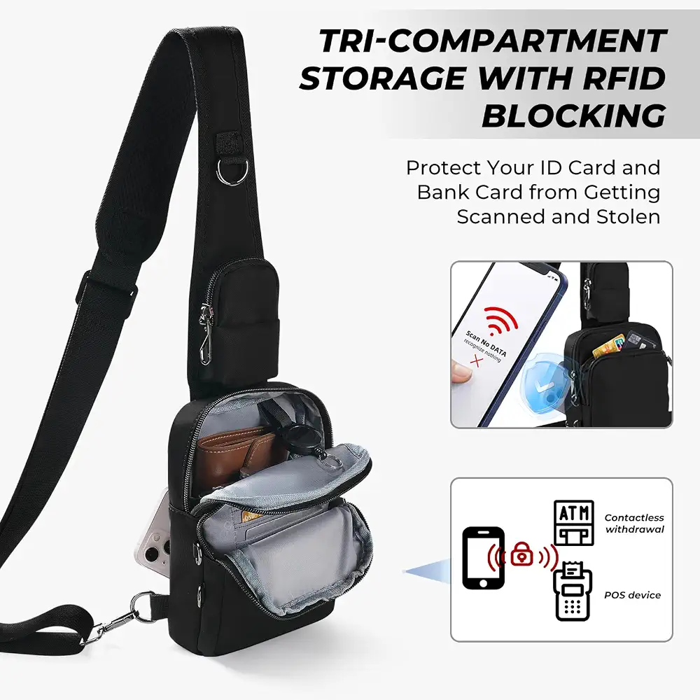 Brusttasche mit Diebstahlschutz und RFID-Fächern, schwarz, Foto 3