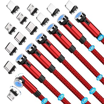 Magnetic Charging Cable 540 Rotation7-Pack, 1.6ft/3.3ft/3.3ft/6.6ft/6.6ft/10ft/10ft, 3 in 1 USB C Magnetic Phone Charger Cable Compatible with Micro USB/Type C/iProduct Device Red