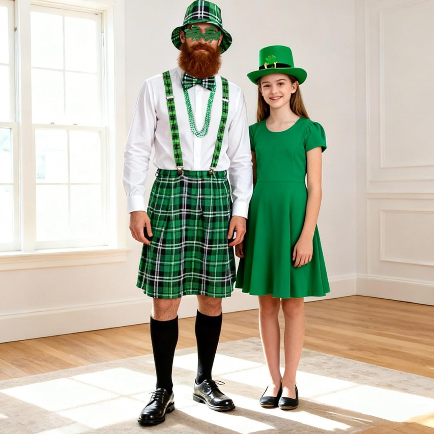 7 Pcs St. Patrick's Day Plaid Kilt Costume Set, Irish Green Plaid Kilt Suspenders Kit Includes Bucket Hat Bow Tie Glasses Socks Beads for St. Patrick Day Party Decor Outfit Accessories