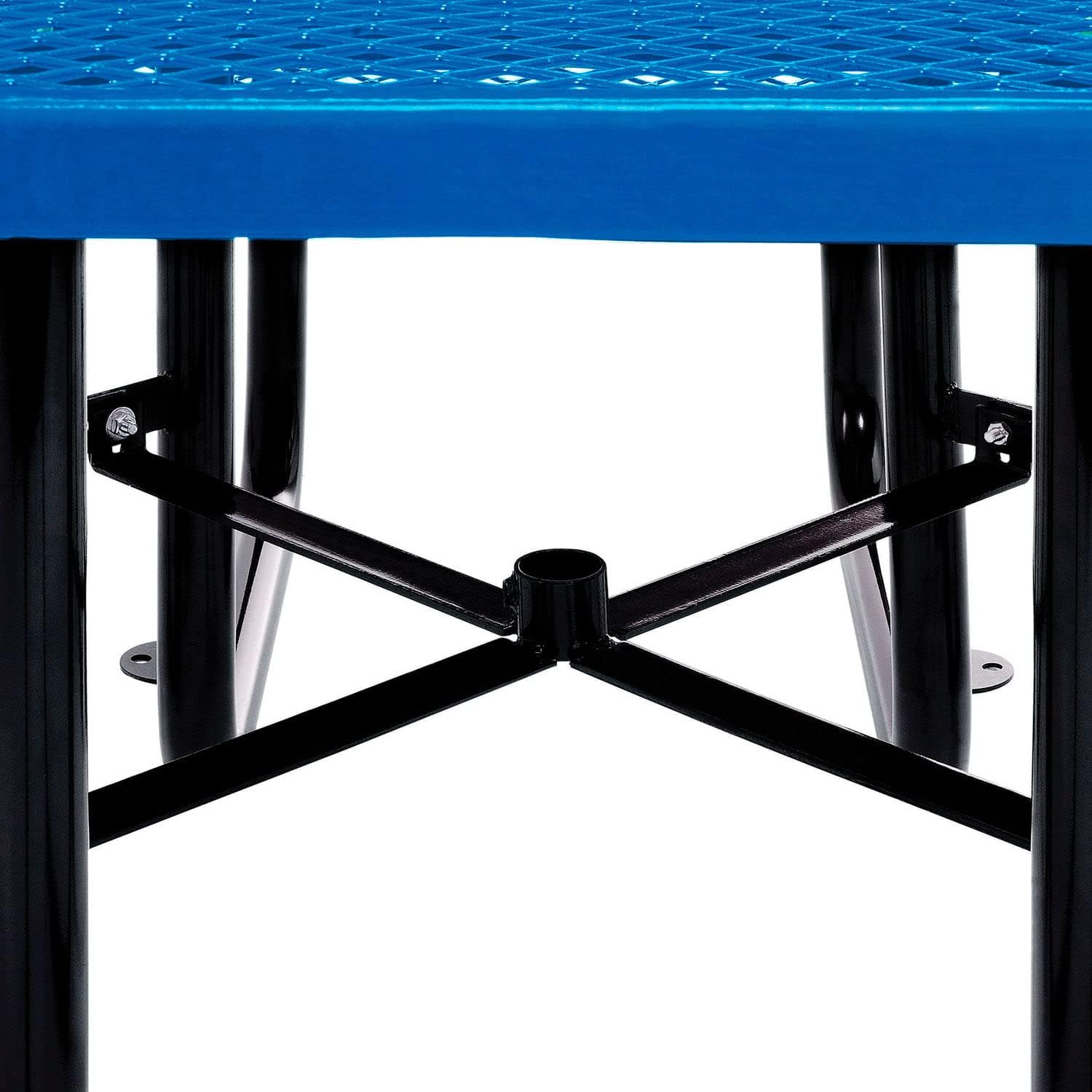 Global Industrial 46" Square Picnic Table, Expanded Metal, Blue Thermoplastic Coating, Attached Benches, 1-1/2” Umbrella Pole Hole, Outdoor-Rated, 1000 lb Capacity
