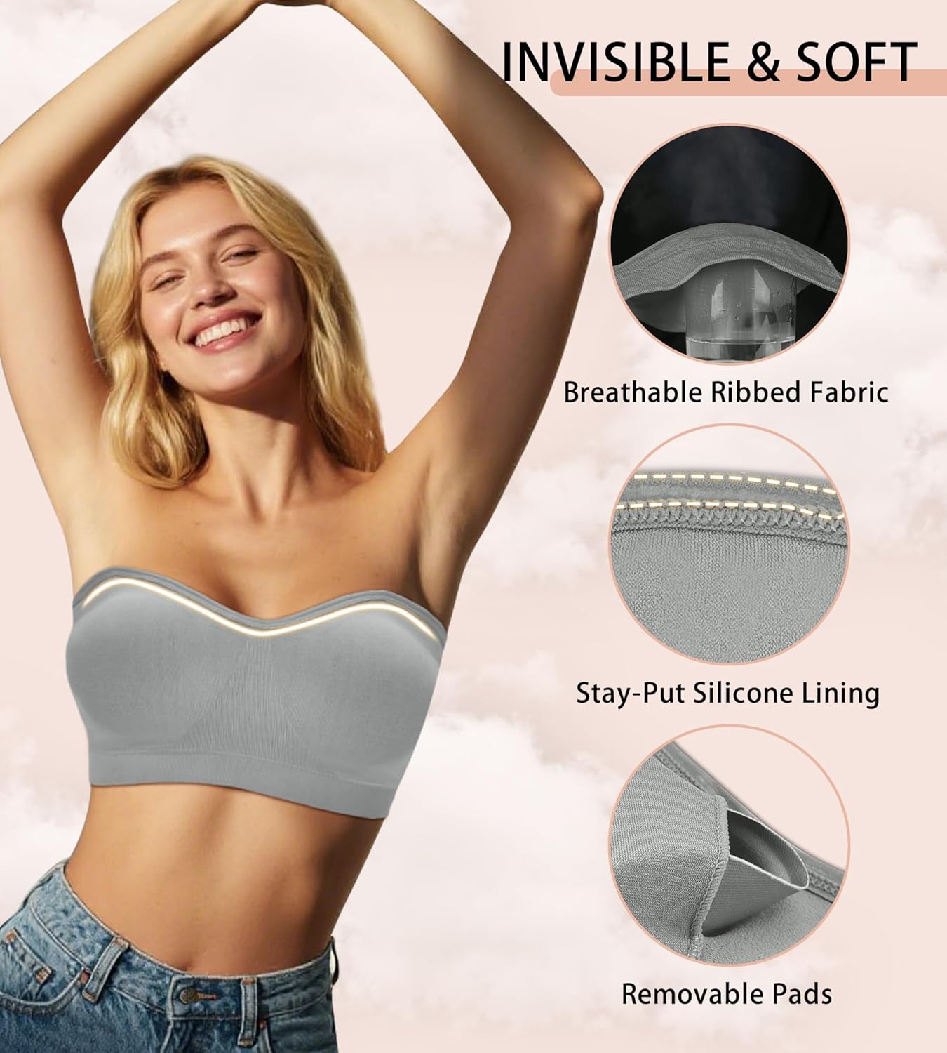 Strapless Bras for Women - Seamless Non-Slip Wireless Pad Bralette Clear Straps Tube Top Summer Bandeau Bra Pack - Image 2