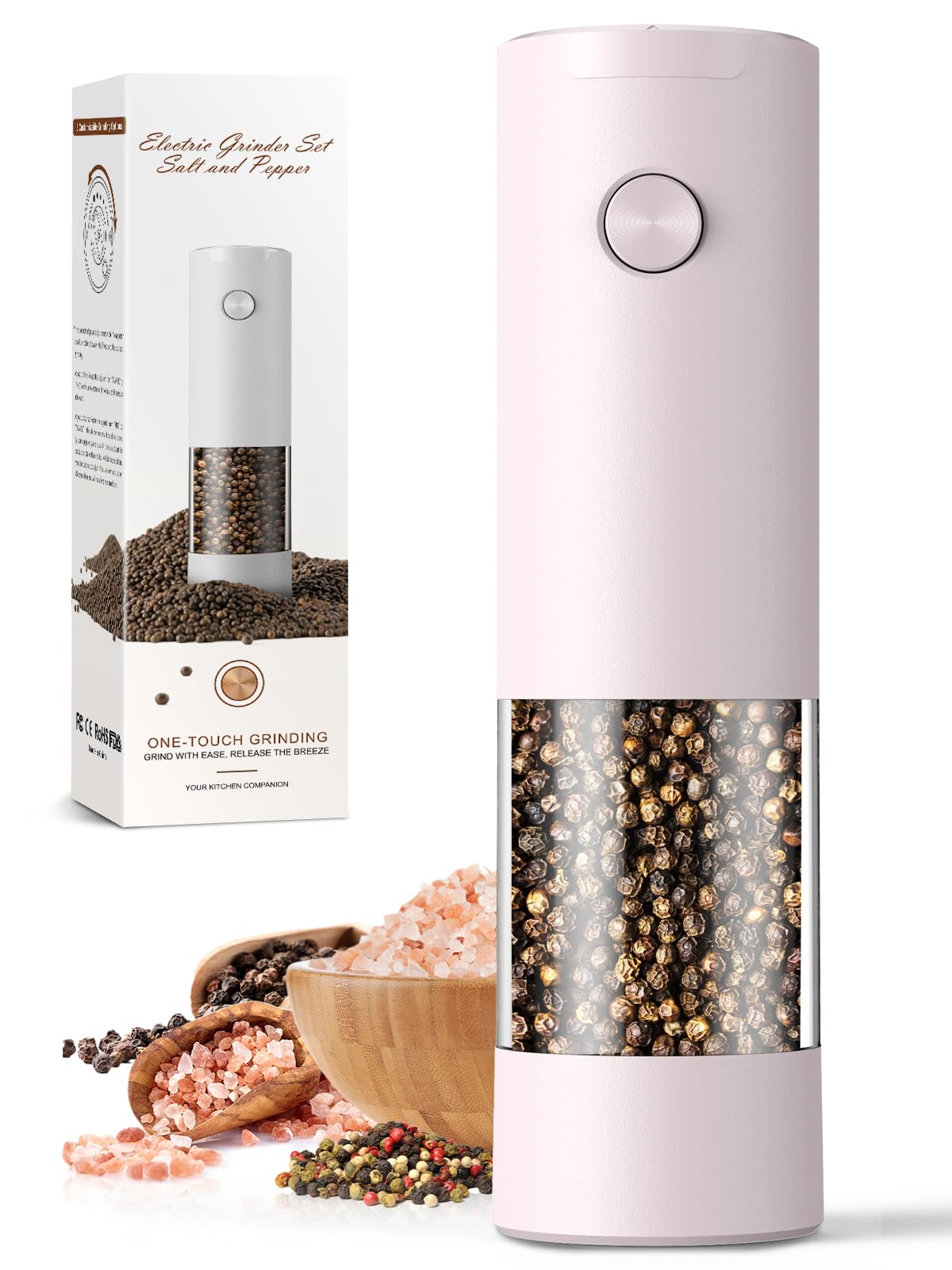 1 Pack Salt and Pepper Grinder-Birthday Gifts for Mom Automatic Battery Upgraded Larger Capacity Pink Salt Pepper Set New Apartment Gifts for Housewarming