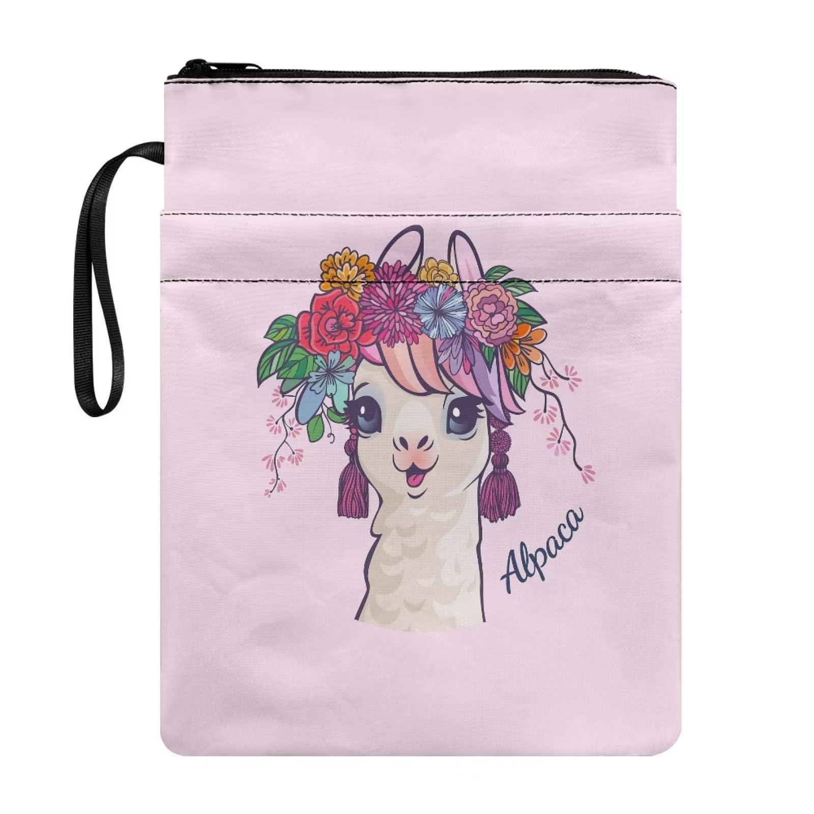 Xoenoiee Alpaca Floral Pink Pattern Book Sleeve for Book Lovers 11.4x8.7 inches, Book Protector Pouch Waterproof with Zipper, Front Pocket and Portable Rope