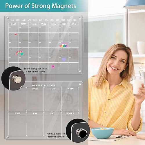 Miniatura 2 de Calendario acrílico para refrigerador, 2 juegos de calendario magnético para refrigerador, calendario mensual y semanal acrílico para pared,