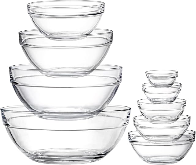 Lawei Ensemble de 9 Bols de mélange de verre - Bols en verre pour la préparation de la salade Bols clairs pour la cuisson de la salade, céréales, crème glacée, pâtes, fruits