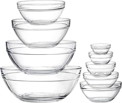 Lawei Set of 9 Glass Mixing Bowls - Glass Nesting Bowls Prep Bowl Clear Salad Bowls for Kitchen Prep Salad, Cereal, Ice Cream, Pasta, Fruits