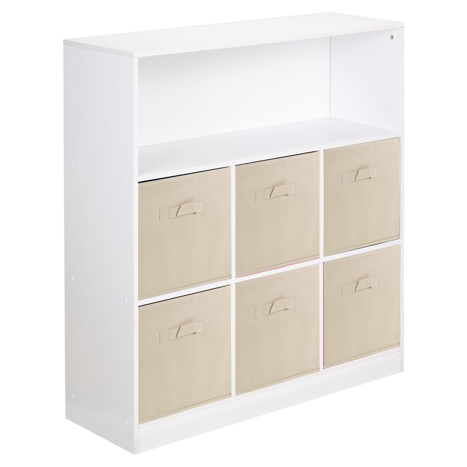 URBNLIVING White Wide 7 Cube Bookcase + 6 Beige Non Woven Drawers