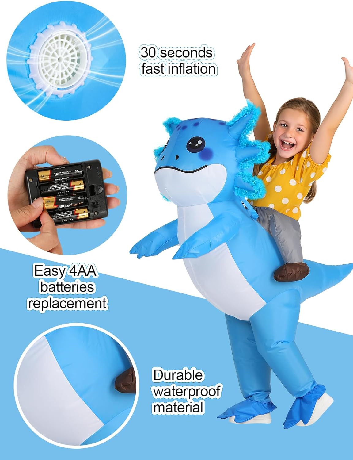 Kids Inflatable Axolotl Costume – Funny Birthday Gift for Girls&Boys, Blow Up Ride On Outfit for Party & Cosplay - Image 4