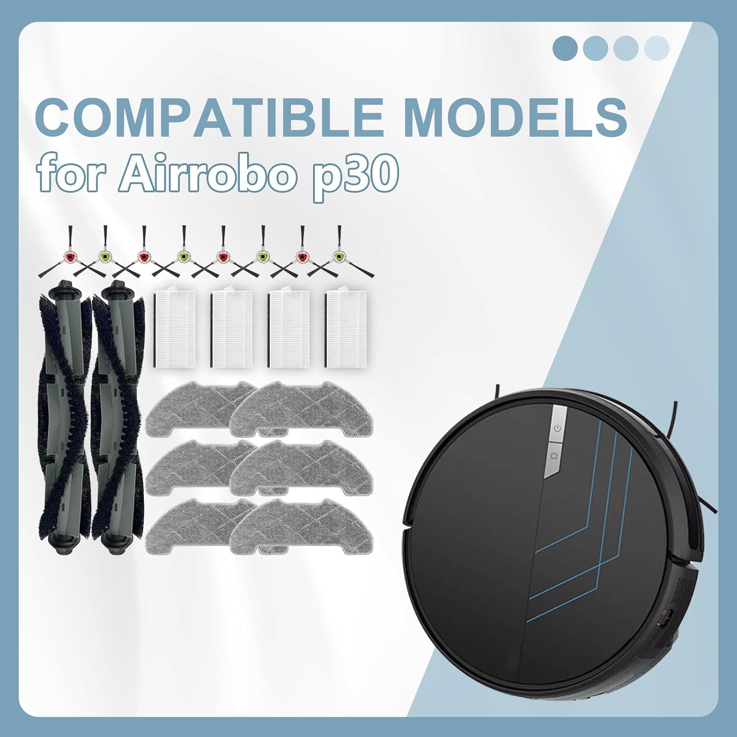 Accessories for Airrobo P30 Robot Vacuum Cleaner, 2 Main Brush, 4 Filters, 6 Mop Pads, 8 Side Brushes, P30 Replacement Kit 20 Pcs