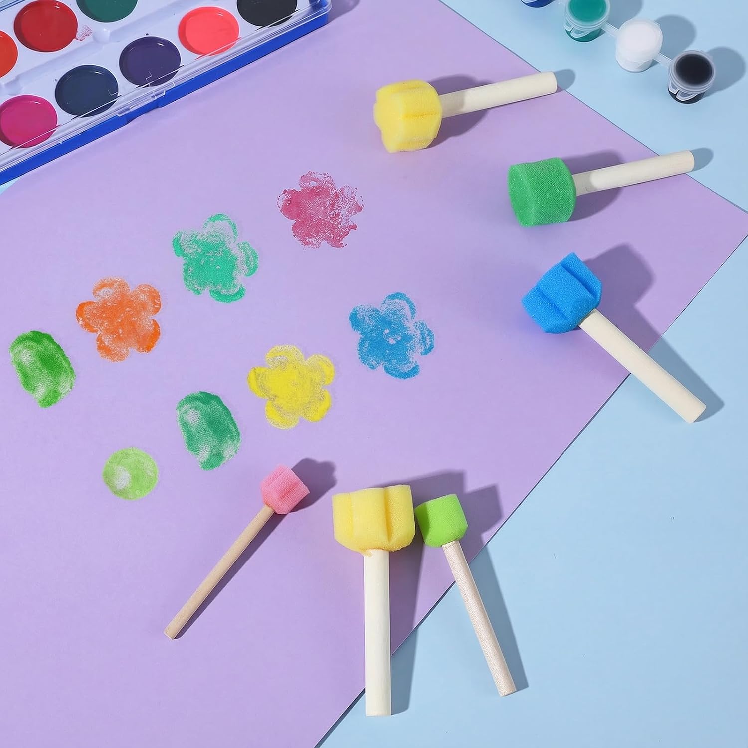 20 Pcs Round Sponge Paint Brush,Pattern: Flower,Circle,Star | Wood Handle Star Sponge for Painting and Art Class Creative Textures,Pattern: Flower,Circle,Star