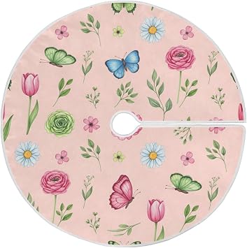 Summer Floral Tree Skirt 36 in Garden Butterfly Flowers Tree Mat Ornament Holiday Party Supply for Indoor Outdoor Home Office Decoration