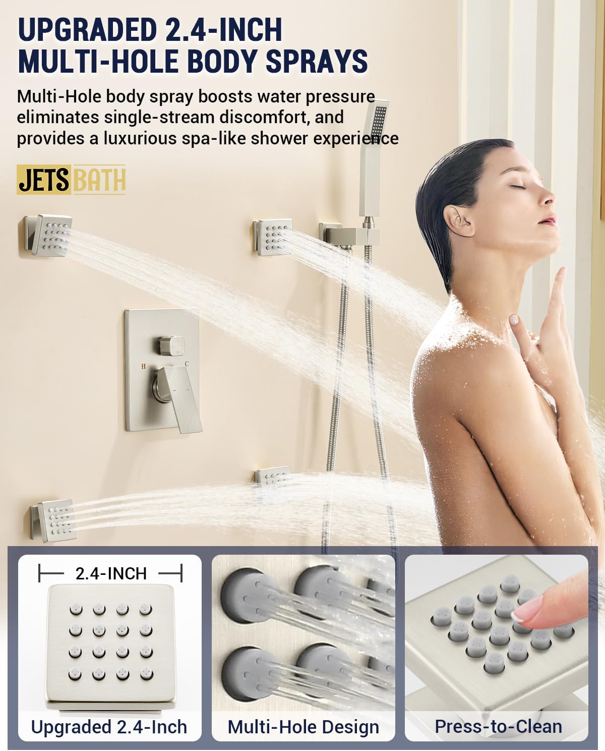 Dual Rainfall Shower Head System with 4 Body Jets, JetsBath Shower Faucet Set Double Shower Head 6-Inch Shower Head & 12” Rain Shower, Luxury Brushed Nickel Shower Faucet Set Tandem Shower Head System