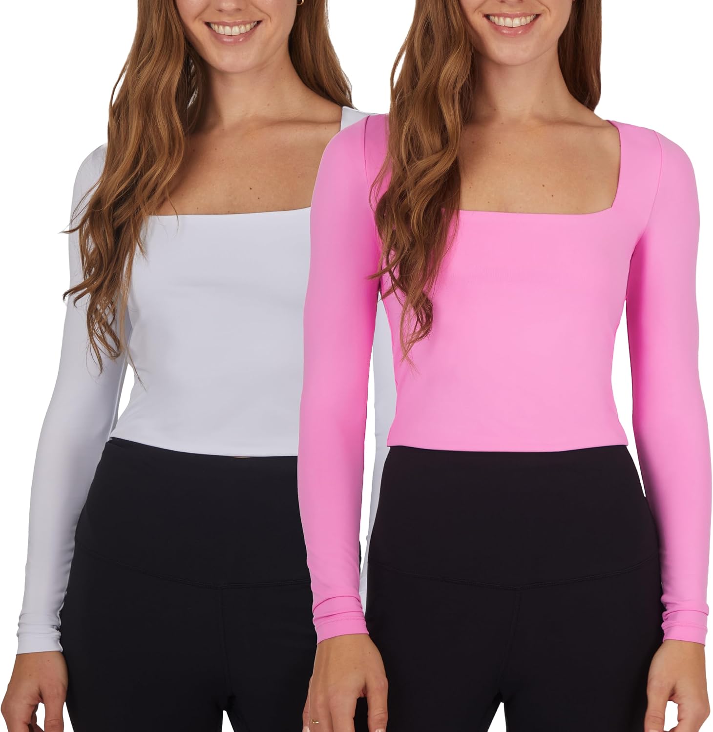 90 Degree By Reflex 2 Pack Contour Long Sleeve Top Square Neck Lightweight Soft Cropped Shirt for Women