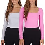 2 Pack Contour Long Sleeve Top Square Neck Lightweight Soft Cropped Shirt for Women