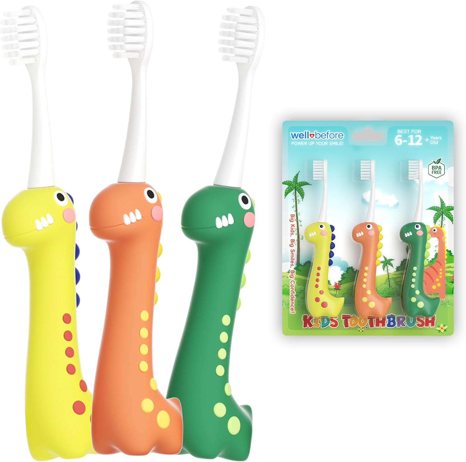 Well Before Dinosaur Kids Toothbrush, 0.12mm Soft Filament Toddler Toothbrush for Kids 6-12 Make Brushing Fun and Protect Kids Delicate Teeth (Pack of 15)