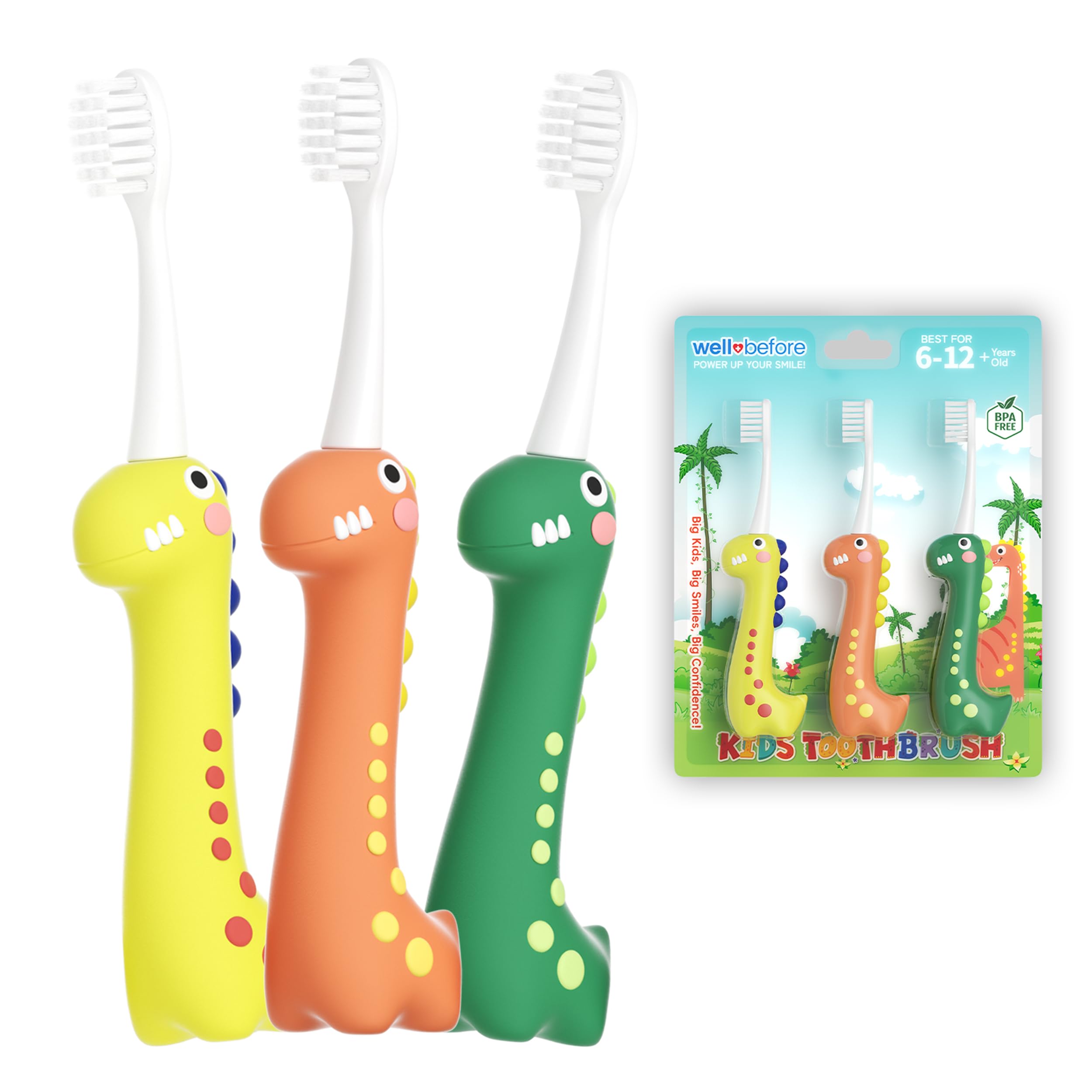 Well Before Dinosaur Kids Toothbrush, 0.12mm Soft Filament Toddler Toothbrush for Kids 6-12 Make Brushing Fun and Protect Kids Delicate Teeth (Pack of 3)-image-49