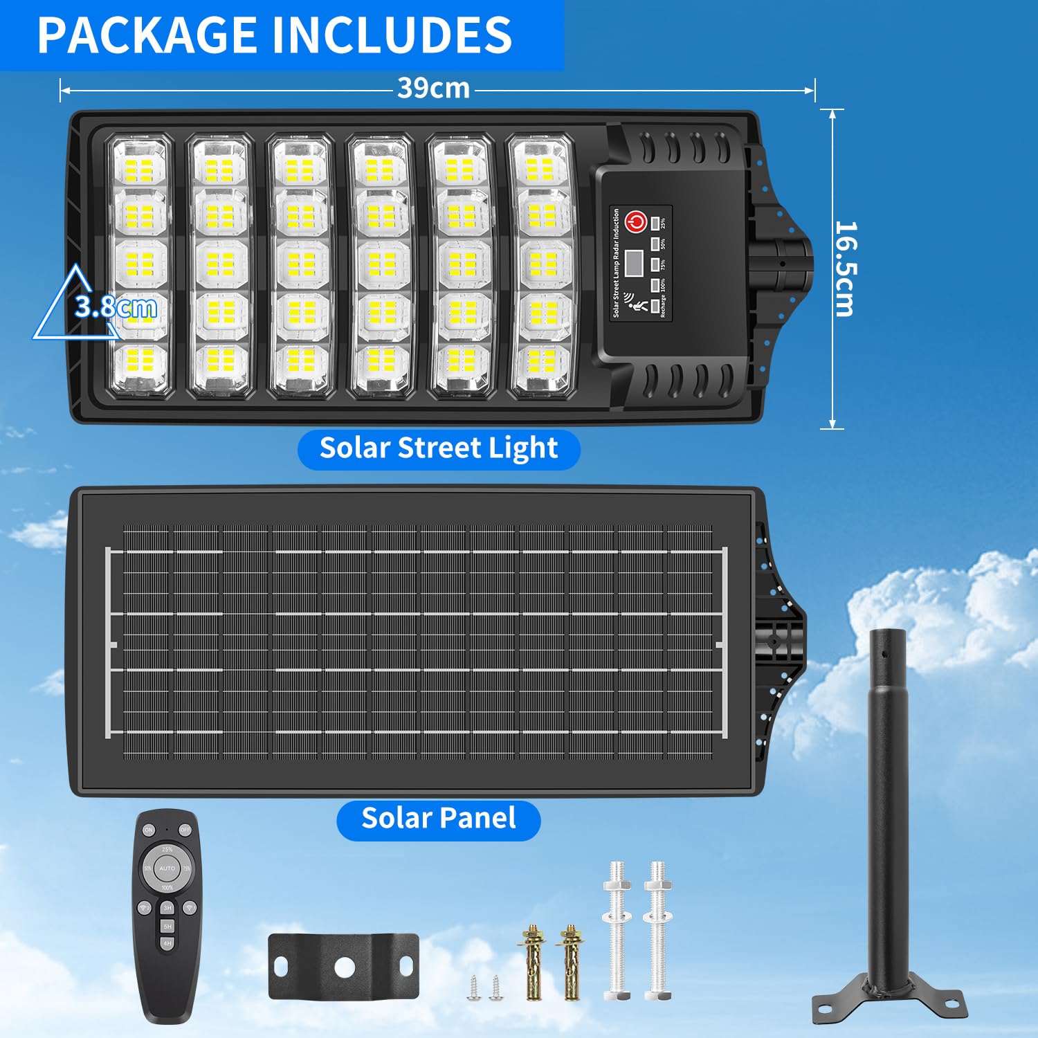 Lampione Solare Led Esterno, IP67 Impermeabile Faro con Pannello Solari, 6000K Lampione Stradale Solare Sensore di Movimento, Lampioni da Giardino Esterno con Telecomando per Garage Strada (2)