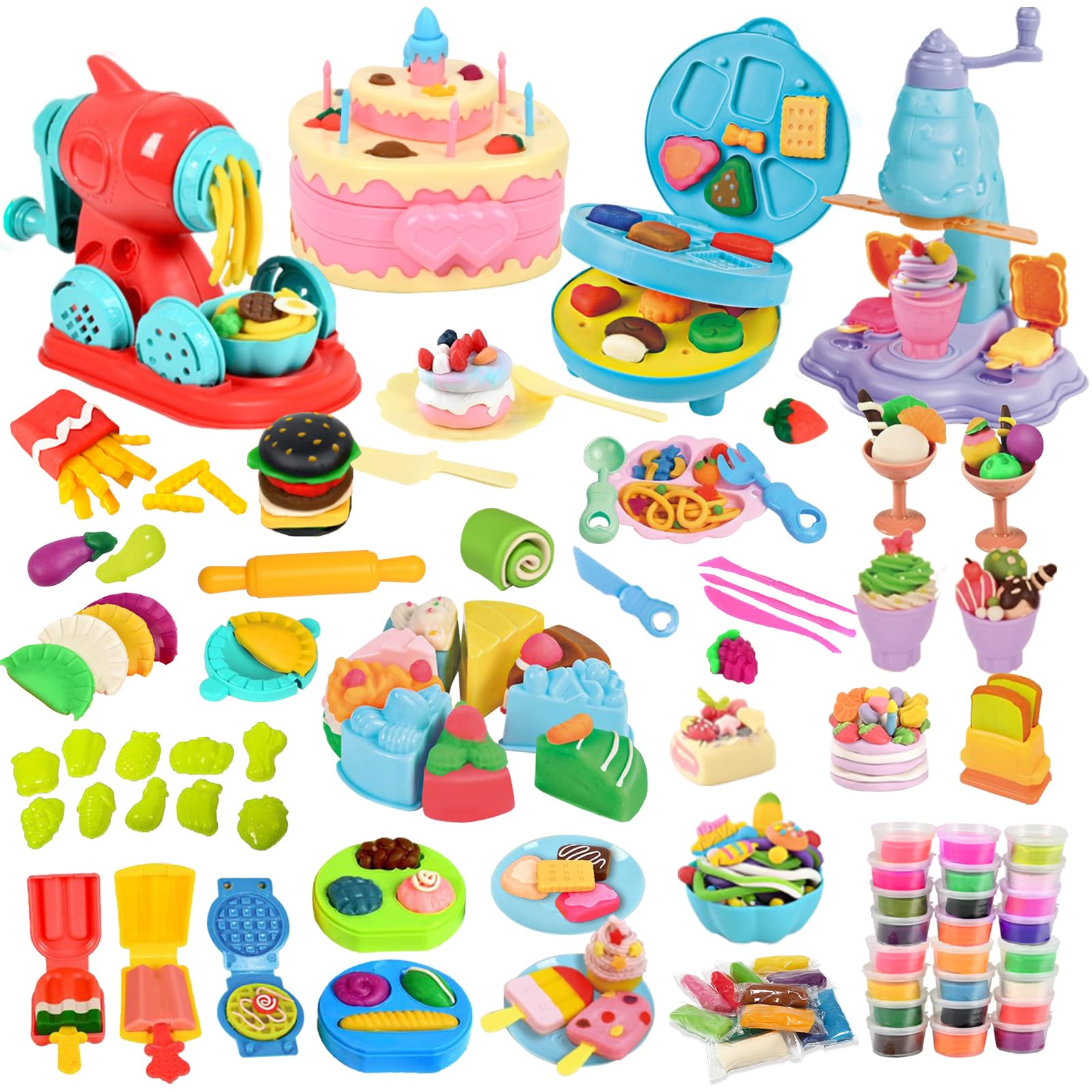 4 in 1 Play Color Dough 104pcs Kitchen Creations with 36pcs of Modeling Dough, Art Crafts Tools Kit Cake Noodle Ice Cream Hamburger Maker Machine Food Play Toys for Kids