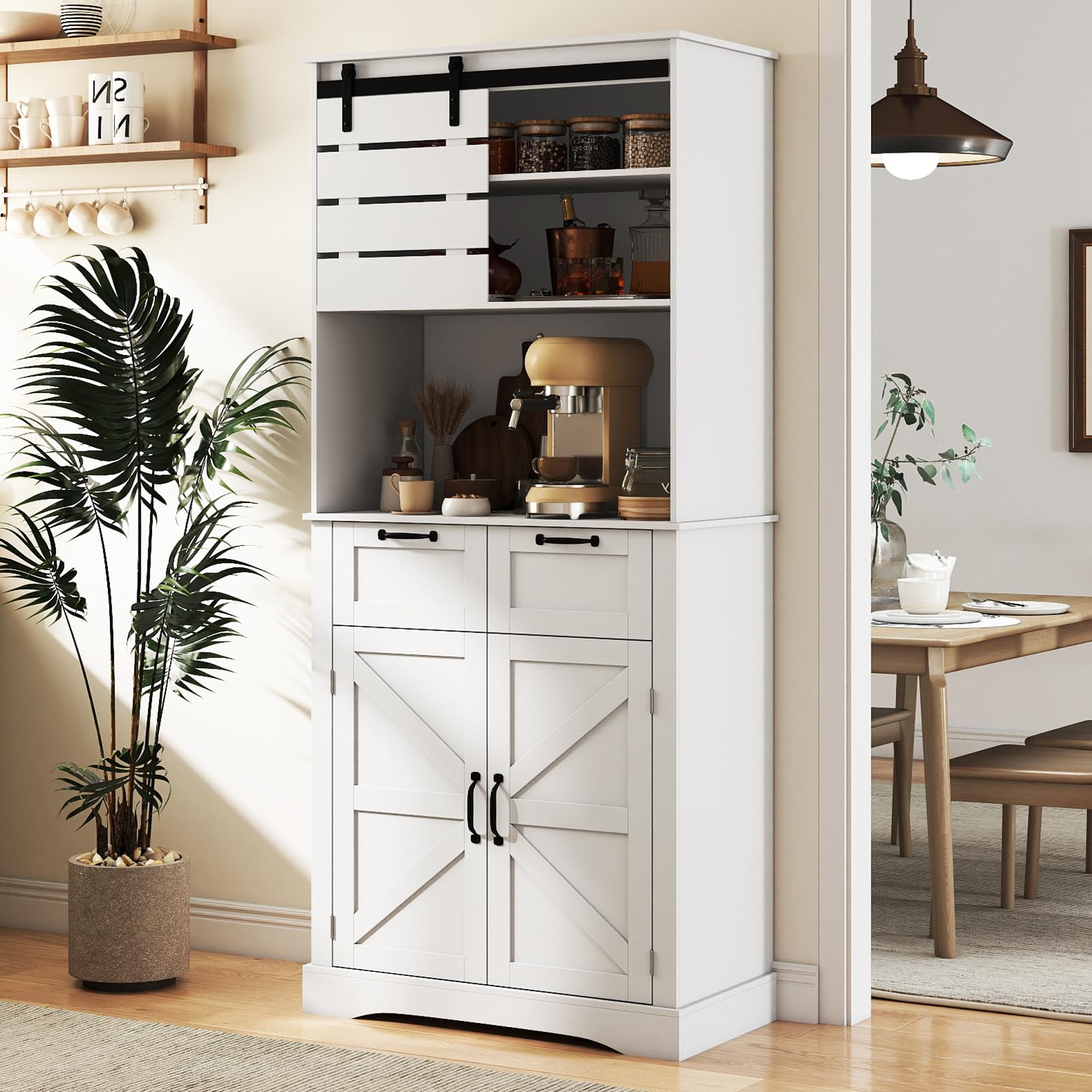 COSTWAY Küchenschrank Holz, Buffetschrank mit Steckdose, 2 Türen, 2 Schubladen & Arbeitsplatte, Hochschrank Vorratsschrank, Aufbewahrungsschrank für Küche & Wohnzimmer, 80 x 40 x 180 cm, Weiß