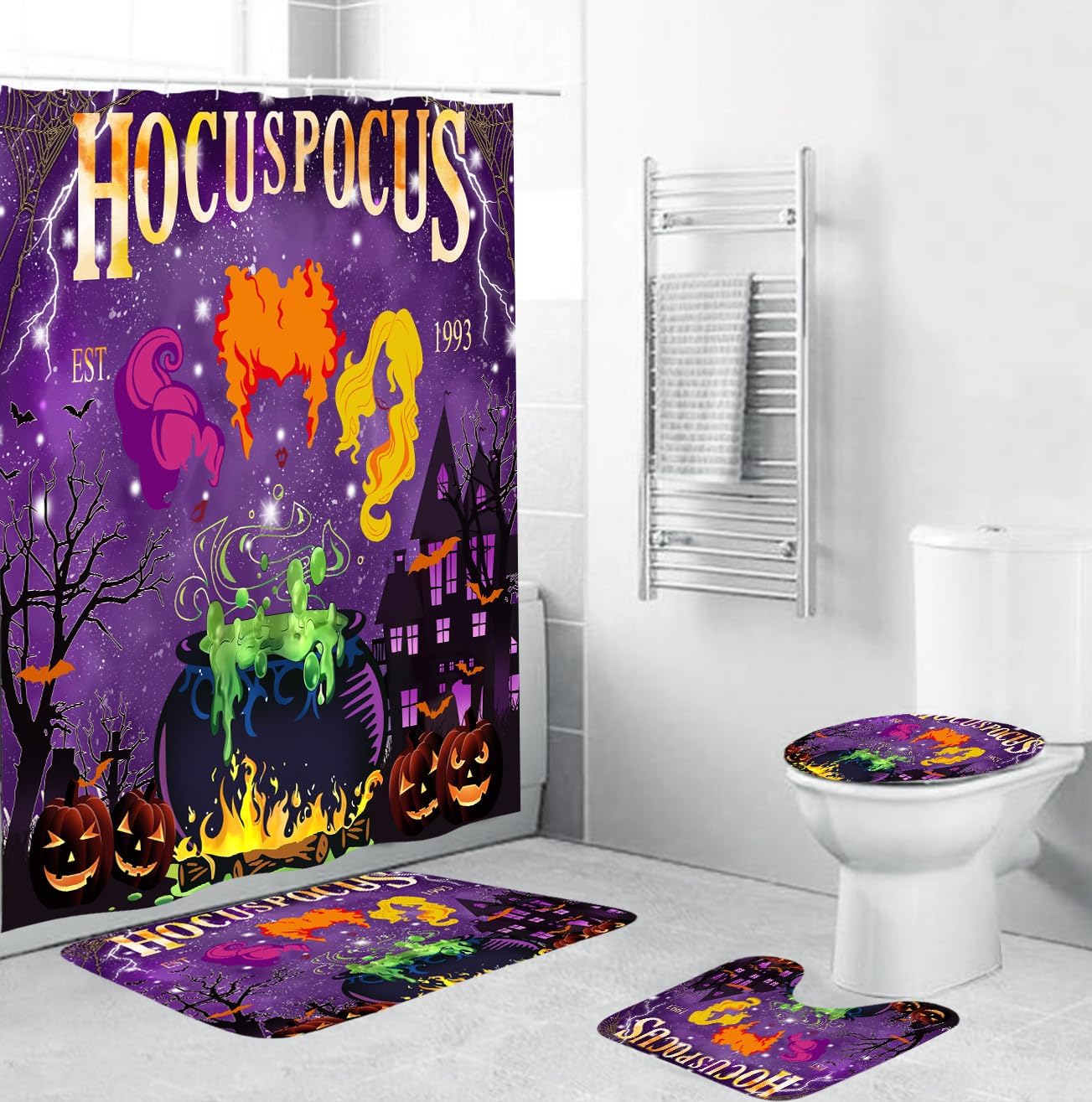 4Pcs Halloween Shower Curtain Set Hocus Pocus Shower Curtain for Halloween Bathroom Decor with Anti-Slip Waterproof Bathtub Bathroom Rugs Toilet Lid Cover