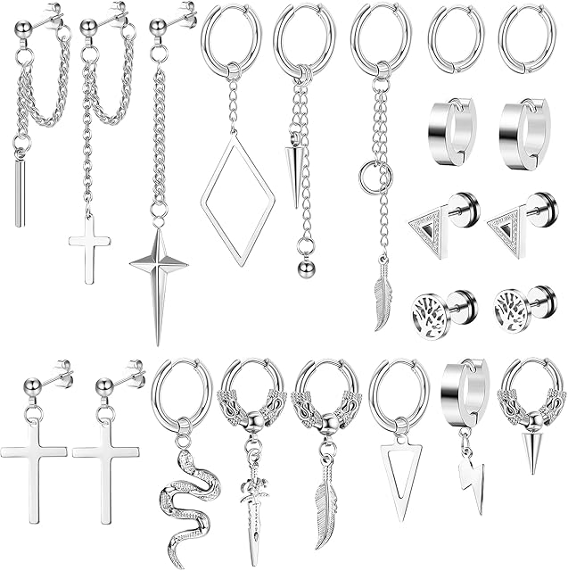 Kakonia 22 Pcs Dangle Earrings for Men Stainless Steel Hinged Huggie Hoop Earrings Punk Long Chain Stud Snake Feather Sword Cross Dangle Kpop Earrings for Men Black and Sliver Tone