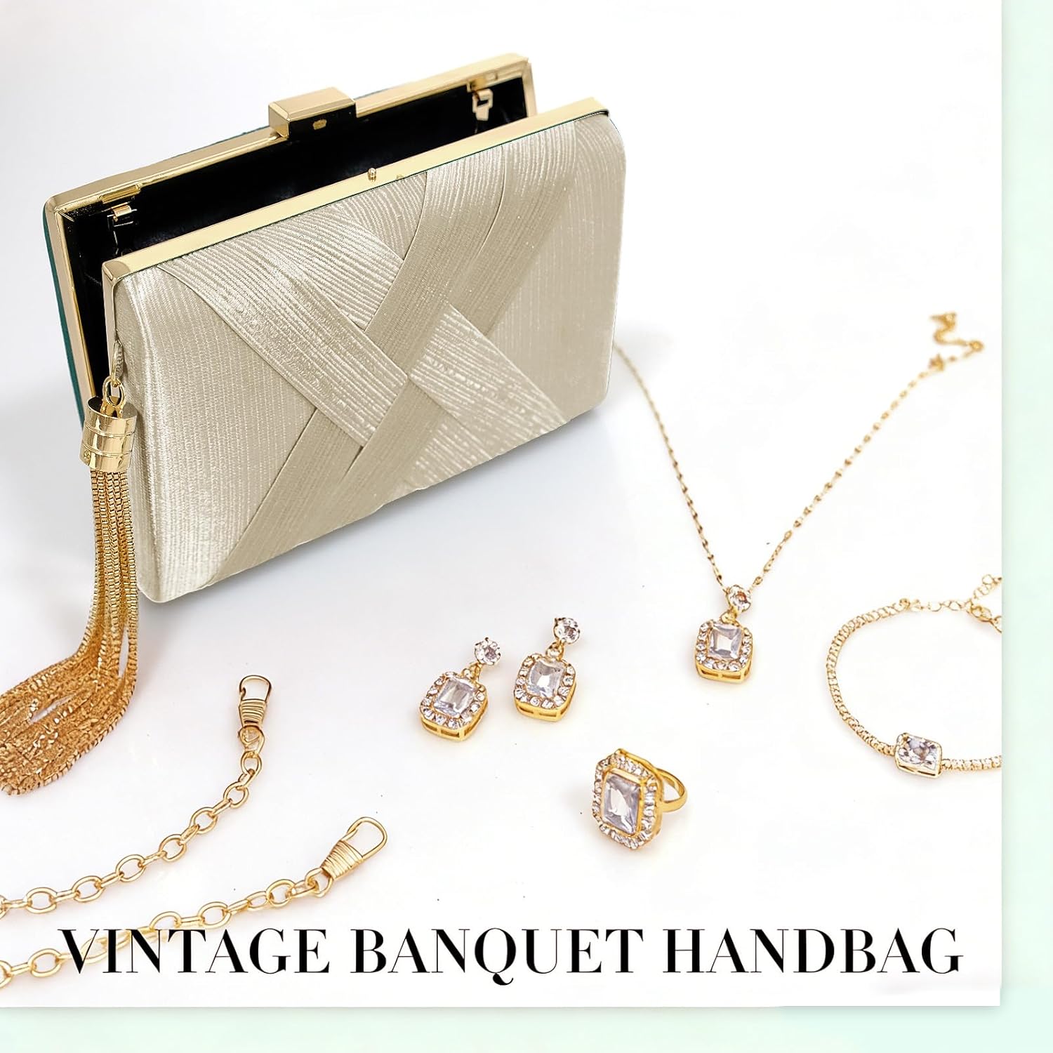 5 Pcs Clutch Purses for Women Jewelry Set Handbag with Necklace Earrings Ring Bracelet Vintage Banquet Handbag with Detachable Chain for Wedding Party Gift Supplies