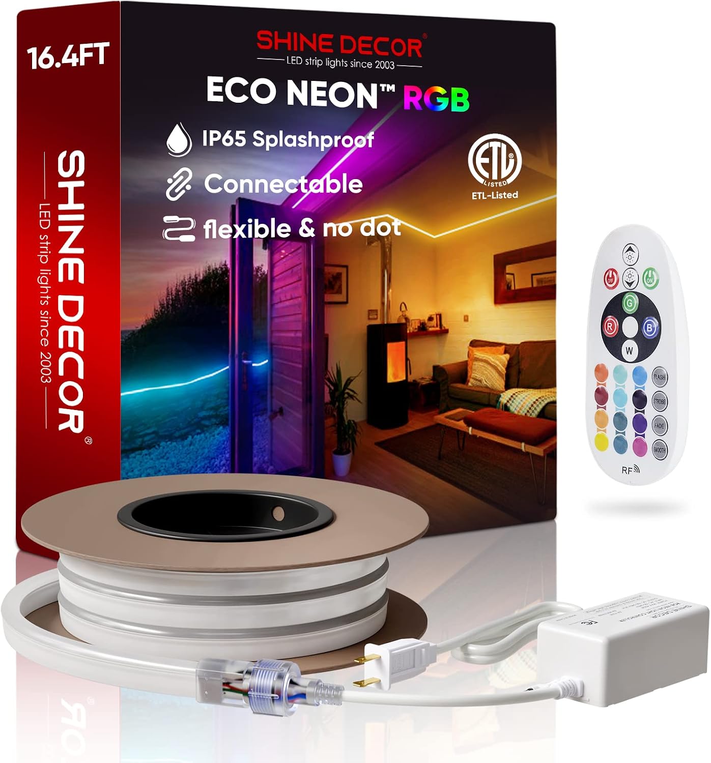 Shine Decor 16.4FT LED RGB Neon Rope Lights, ETL-Listed AC 110-120V Neon LED Strip Lights SMD5050 80LEDs/m with Remote, Dimmable Multicolor Change Flexible Neon Rope Lighting Waterproof for In&Outdoor