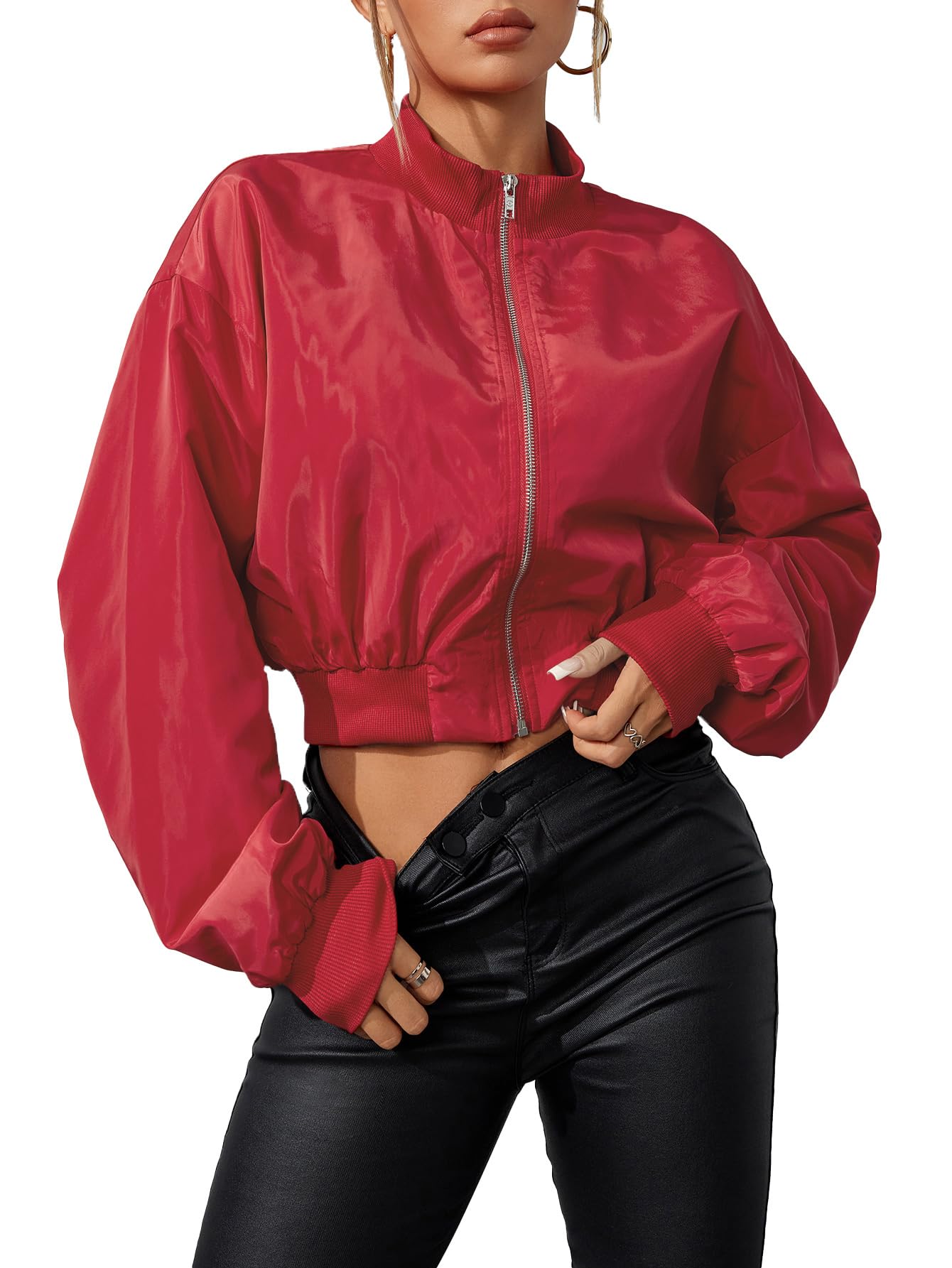 Verdusa Women's Cropped Bomber Lightweight Jacket Long Sleeve Zip Up Outerwear