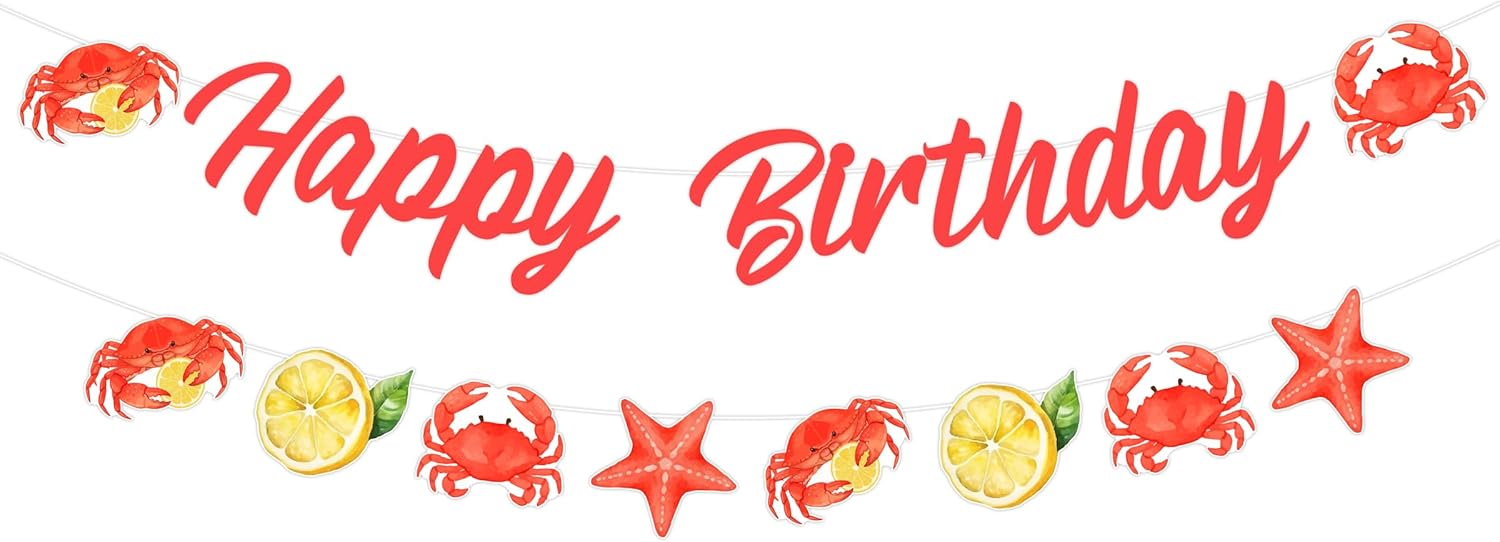 Watercolor Crab Happy Birthday Banner - Seafood Lemon Starfish Banner for Crab Birthday Party Decorations, Ocean Theme Birthday Party Supplies