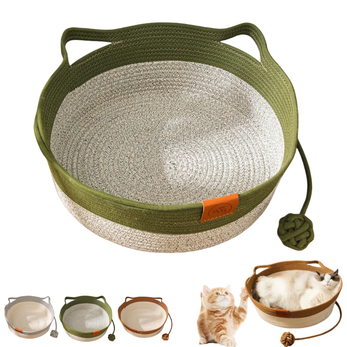 Handwoven Cat Basket Bed - Cat Basket Bed With Cushion & Hanging Ball Toy, Foldable Scratchable Instinct Basket for Cats (Green, L)
