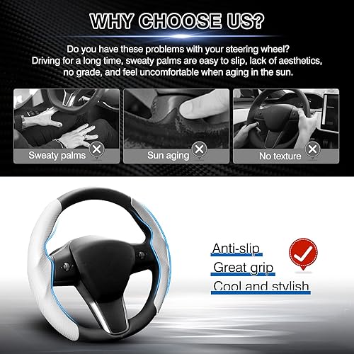 Miniatura 4 de Canvcle Funda de volante de fibra de carbono a medida para Tesla, Telsa Model 3  Y, antideslizante, con agarre cómodo, transpirable, accesorios para