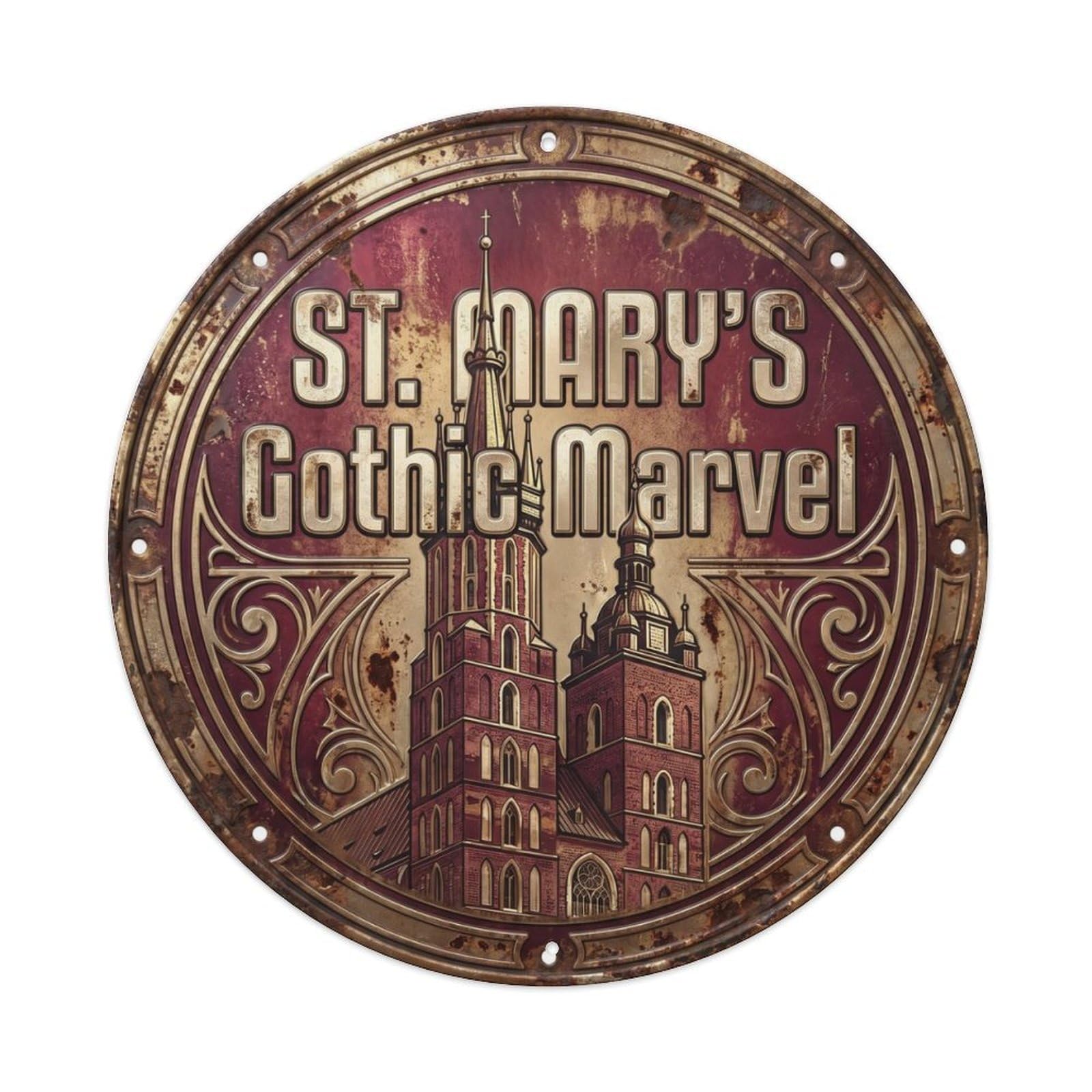 Basilica Gothic Dining Sanctuary Metal Tin Sign Plaque Wall Decor for Cafe, Club Bar, Office, Home Garden Round Metal Poster 8x8Inch